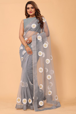 PATLANI STYLE Embroidered Bollywood Net Saree(Grey)