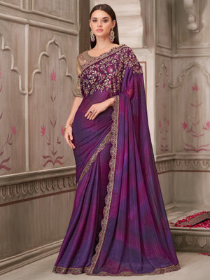 Sareemall Embellished Bollywood Satin Saree(Purple)