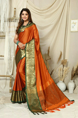 GOLDOLL FAB Self Design Bollywood Jacquard Saree(Orange)