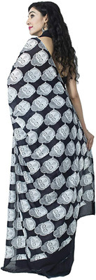 NIKHILAM Printed Daily Wear Pure Cotton Saree(Black, White)
