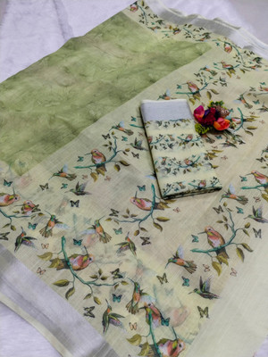 HouseOfCommon Solid/Plain Bollywood Linen Saree(Light Green)