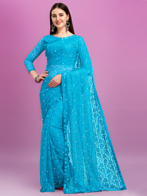 LOROFY Self Design Bollywood Net Saree(Light Blue)