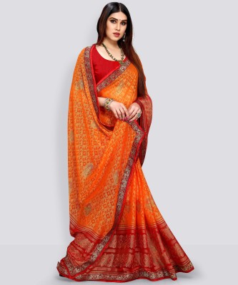 Divastri Printed Leheria Brasso, Chiffon Saree(Orange)