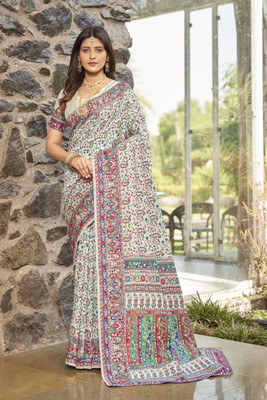 Sariya Woven Banarasi Jacquard, Silk Blend Saree(White)