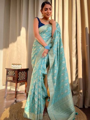 Sareemall Woven Banarasi Silk Blend Saree(Light Blue)