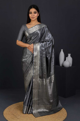 Sijileen Solid/Plain Banarasi Satin, Silk Blend Saree(Grey)