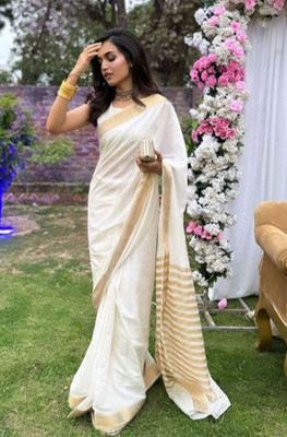 BilloRani Solid/Plain, Striped Jamdani Pure Cotton Saree(White, Pink)