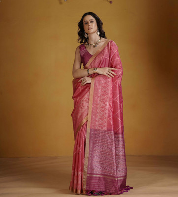 PHEASANT Woven, Striped Handloom Cotton Silk Saree(Pink, Magenta)