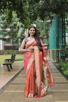 sarjan creation Woven Paithani Pure Cotton Saree(Orange)