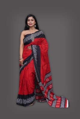 tanishaka fab Printed Bollywood Pure Cotton Saree(Red, Black)