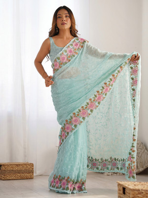 ANOUK Embellished Bollywood Georgette Saree(Light Blue)