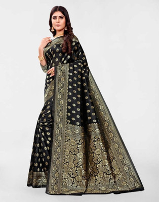 Pari Prints Woven Banarasi Cotton Silk, Jacquard Saree(Black)