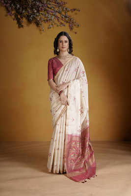 SHREEKHODIYARST Woven Handloom Jacquard, Art Silk Saree(Cream)