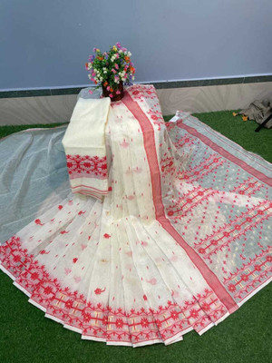 RenukaSaree Embroidered Jamdani Cotton Silk Saree(Beige, Red)