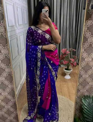 Clever Clothing Tie-Dye, Embroidered, Printed Bandhani Georgette Saree(Purple)