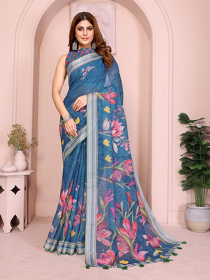 Hasti Graphic Print Assam Silk Cotton Linen Saree(Multicolor)