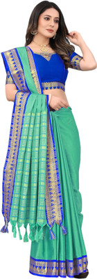 Paramparik Textile Temple Border, Solid/Plain Banarasi Cotton Silk Saree(Blue)