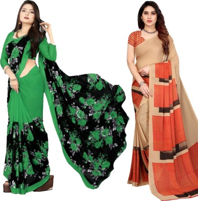 Priyashi Printed Daily Wear Georgette Saree(Pack of 2, Light Green)