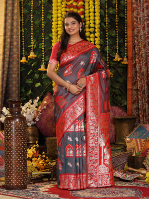 Divastri Woven Madhubani Silk Blend Saree(Grey)