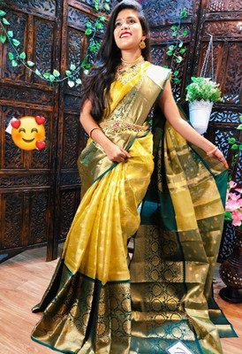 het designer studio Self Design, Paisley, Digital Print, Blocked Printed, Woven, Graphic Print, Checkered Banarasi Jacquard, Art Silk Saree(Yellow)