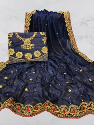 Vraj Textile Embroidered Assam Silk Pure Silk Saree(Blue, Gold)