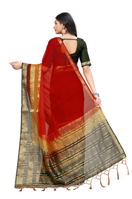 Aarunika MNT Striped Bollywood Organza Saree(Red)