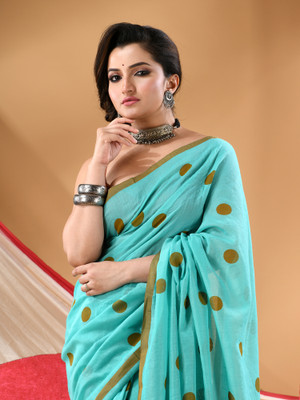 Desh Bidesh Printed Handloom Pure Cotton Saree(Light Blue)