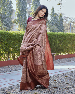 YASHIKA Floral Print Kanjivaram Art Silk Saree(Maroon)