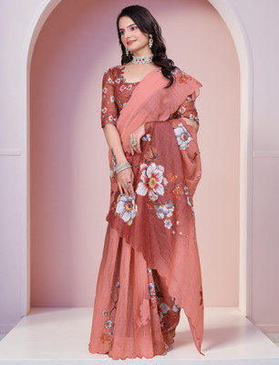 SARANGFEB Embellished, Digital Print, Printed, Solid/Plain Bollywood Linen Saree(Maroon)