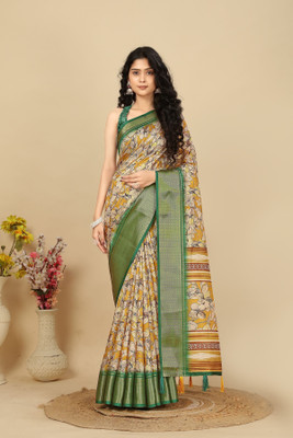HouseOfCommon Self Design, Checkered, Printed Madhubani Cotton Silk Saree(Mustard)