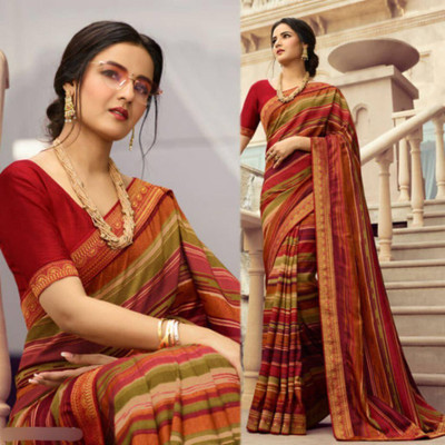 Hensi sarees shop Dyed, Ombre, Solid/Plain, Striped, Woven, Embellished Jamdani Georgette, Art Silk Saree(Maroon)