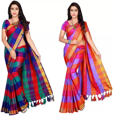 ROFOLO Checkered Bhagalpuri Cotton Silk Saree(Pack of 2, Multicolor)