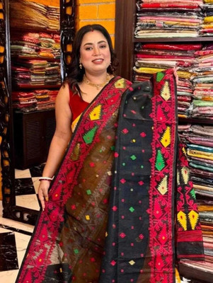 SP Boutique Woven Jamdani Cotton Silk Saree(Black, Pink)