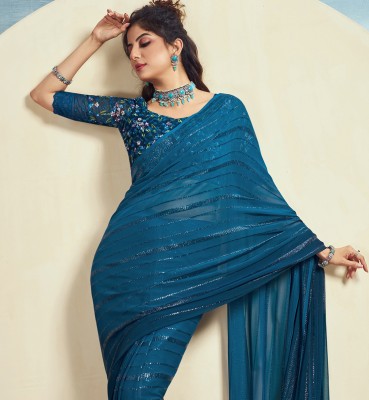 SIRIL Dyed, Embellished Bollywood Georgette Saree(Blue)