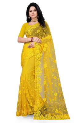 DEVKISONDESIGNER Self Design Bollywood Net Saree(Yellow)