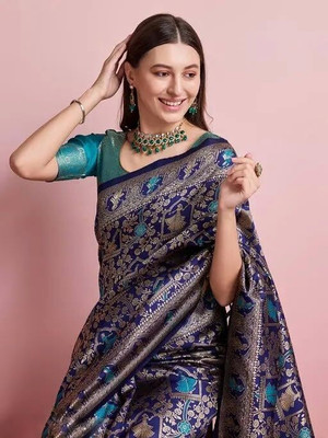 SAPTAVI Woven, Self Design Banarasi Jacquard Saree(Dark Blue)