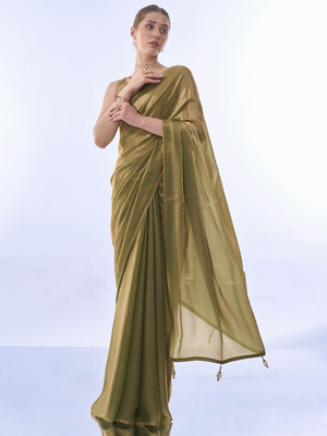 Kalista Solid/Plain, Embellished Bollywood Organza Saree(Green)