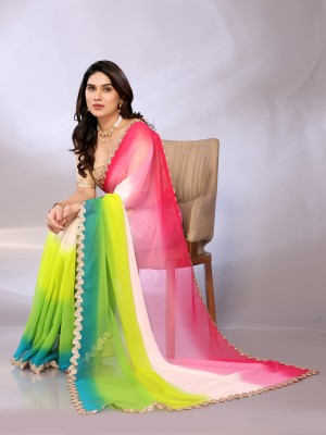 FABMORA Embellished, Color Block Bollywood Georgette Saree(Pink, Multicolor)