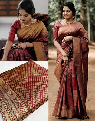 Samah Woven, Embellished Kanjivaram Pure Silk, Silk Blend Saree(Gold, Maroon)