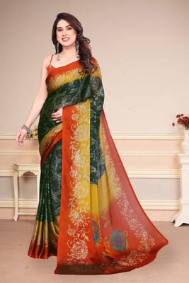 BilloRani Floral Print Bollywood Chiffon Saree(Dark Green)