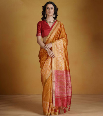 ZILVIRA Woven, Striped Handloom Cotton Silk Saree(Orange, Red)