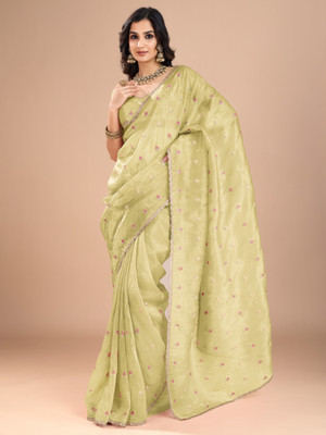 Tasrika Embroidered Bollywood Organza Saree(Yellow)