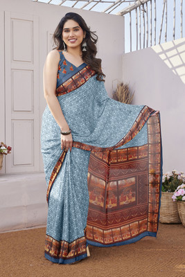 MIRCHI FASHION Printed, Floral Print Daily Wear Chiffon Saree(Light Blue, Red)