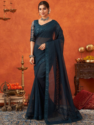 ANOUK Embellished Banarasi Chiffon Saree(Blue)