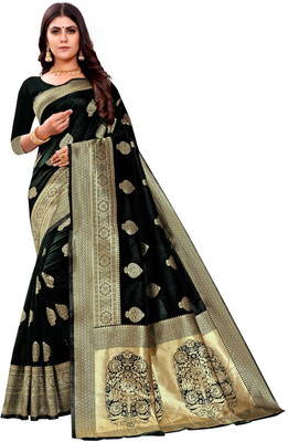 Houri Fab Woven, Embellished Kanjivaram Art Silk, Jacquard Saree(Black)