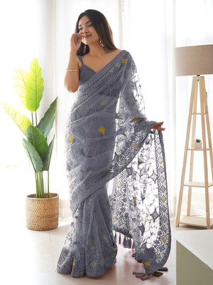ANOUK Embellished, Embroidered Daily Wear Net Saree(Grey)