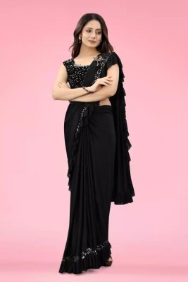 SHBEAUTYZONE Embroidered Bollywood Lycra Blend Saree(Black)