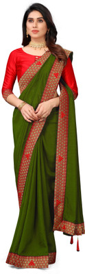 Dharmik Fashion Studio Solid/Plain Bollywood Georgette Saree(Dark Green)