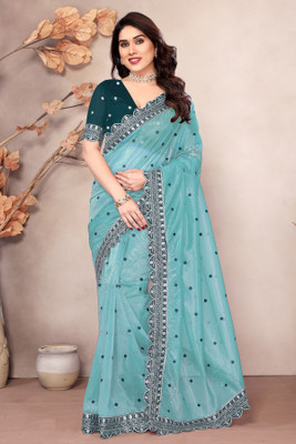 Mikhushop Embroidered Bollywood Supernet Saree(Light Blue)