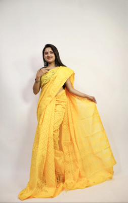 Anu Solid/Plain Handloom Cotton Silk Saree(Yellow)